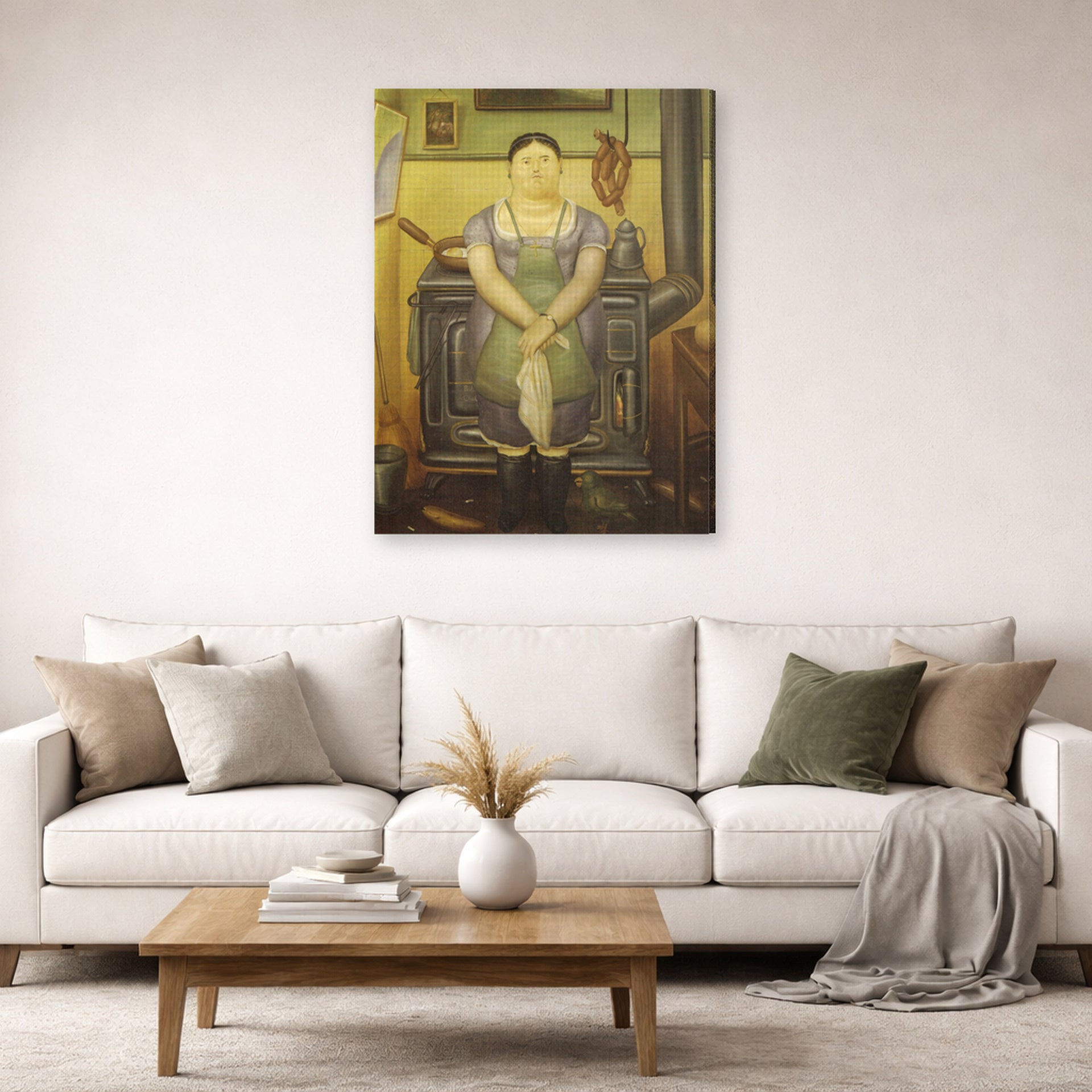 Gallery-wrapped canvas print of Fernando Botero's The Maid displayed on a wall in a living room
