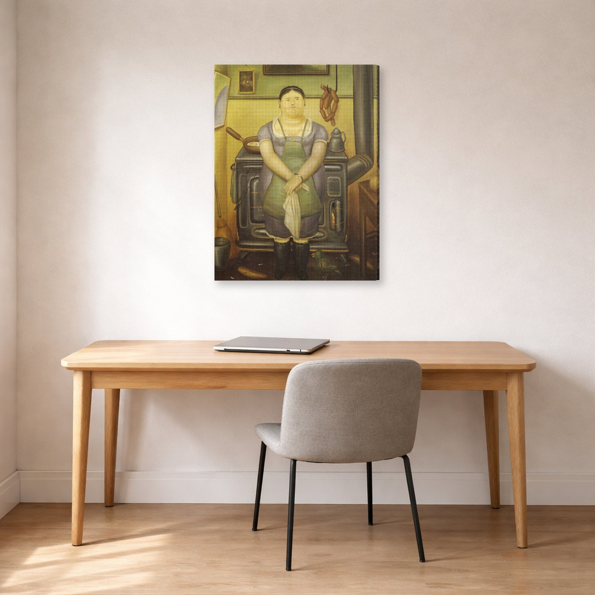 Gallery-wrapped canvas print of Fernando Botero's The Maid displayed on a wall in a home office