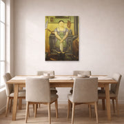 Unframed poster print of Fernando Botero's The Maid displayed on a wall in a dining room