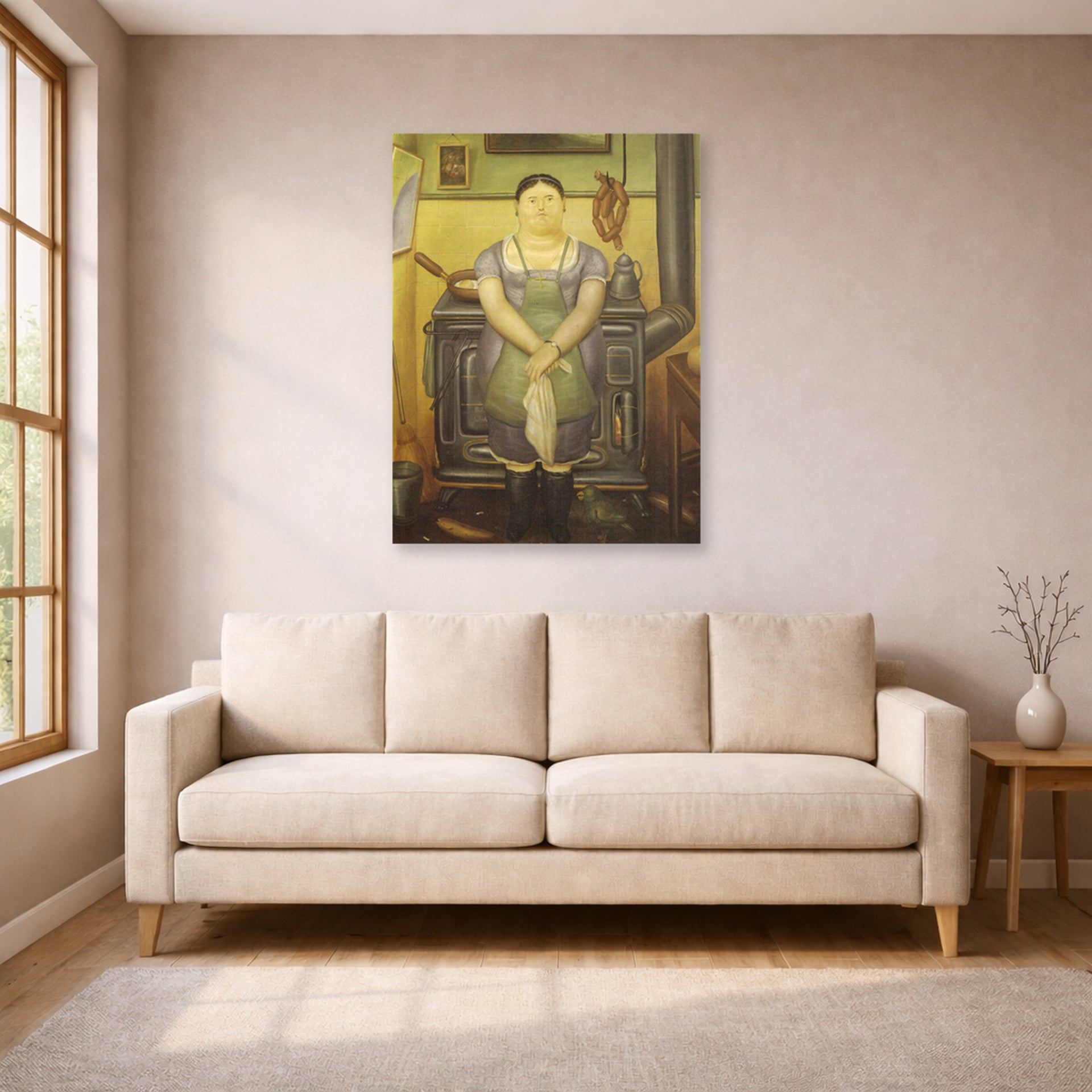 Unframed poster print of Fernando Botero's The Maid displayed on a wall in a living room