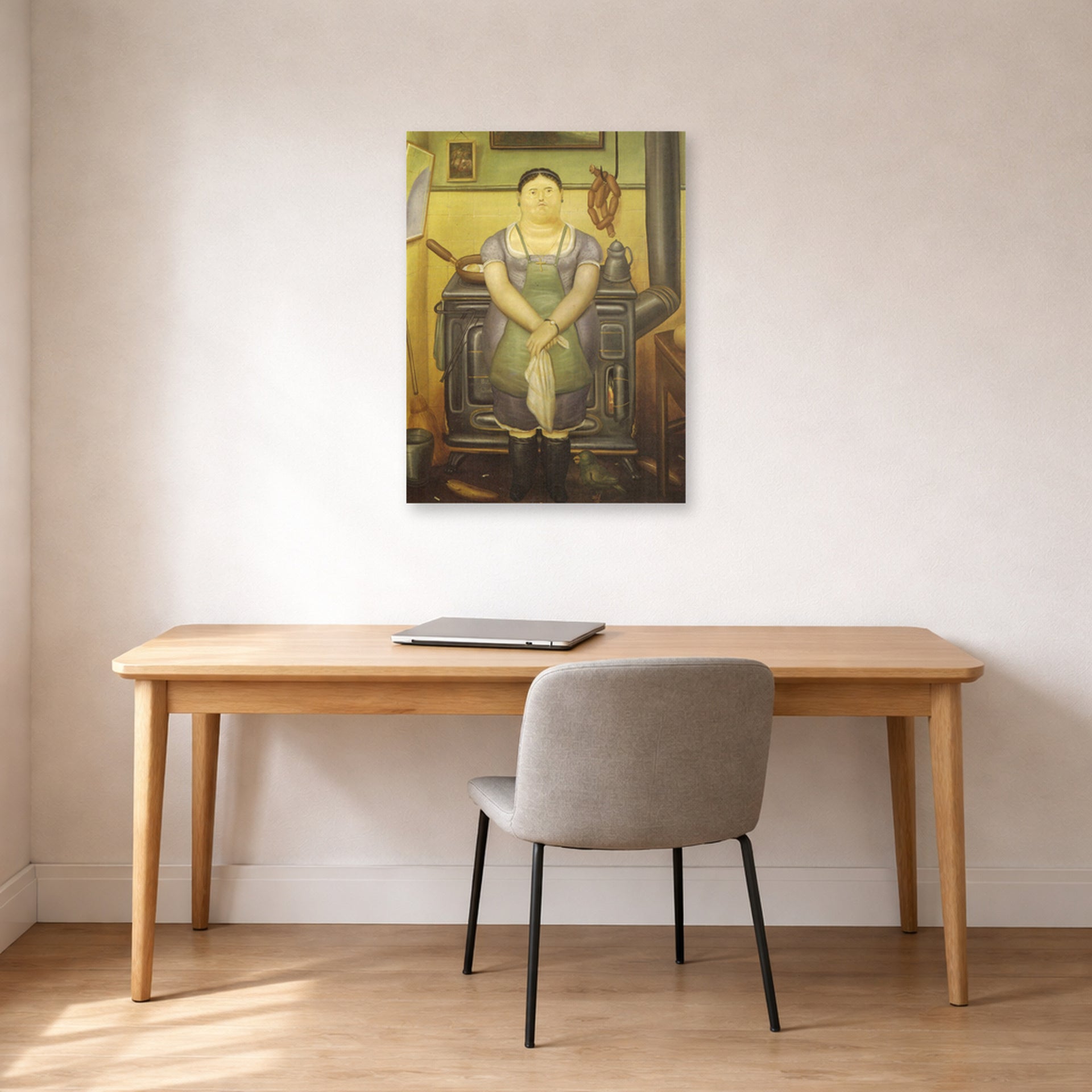 Unframed poster print of Fernando Botero's The Maid displayed on a wall in a home office