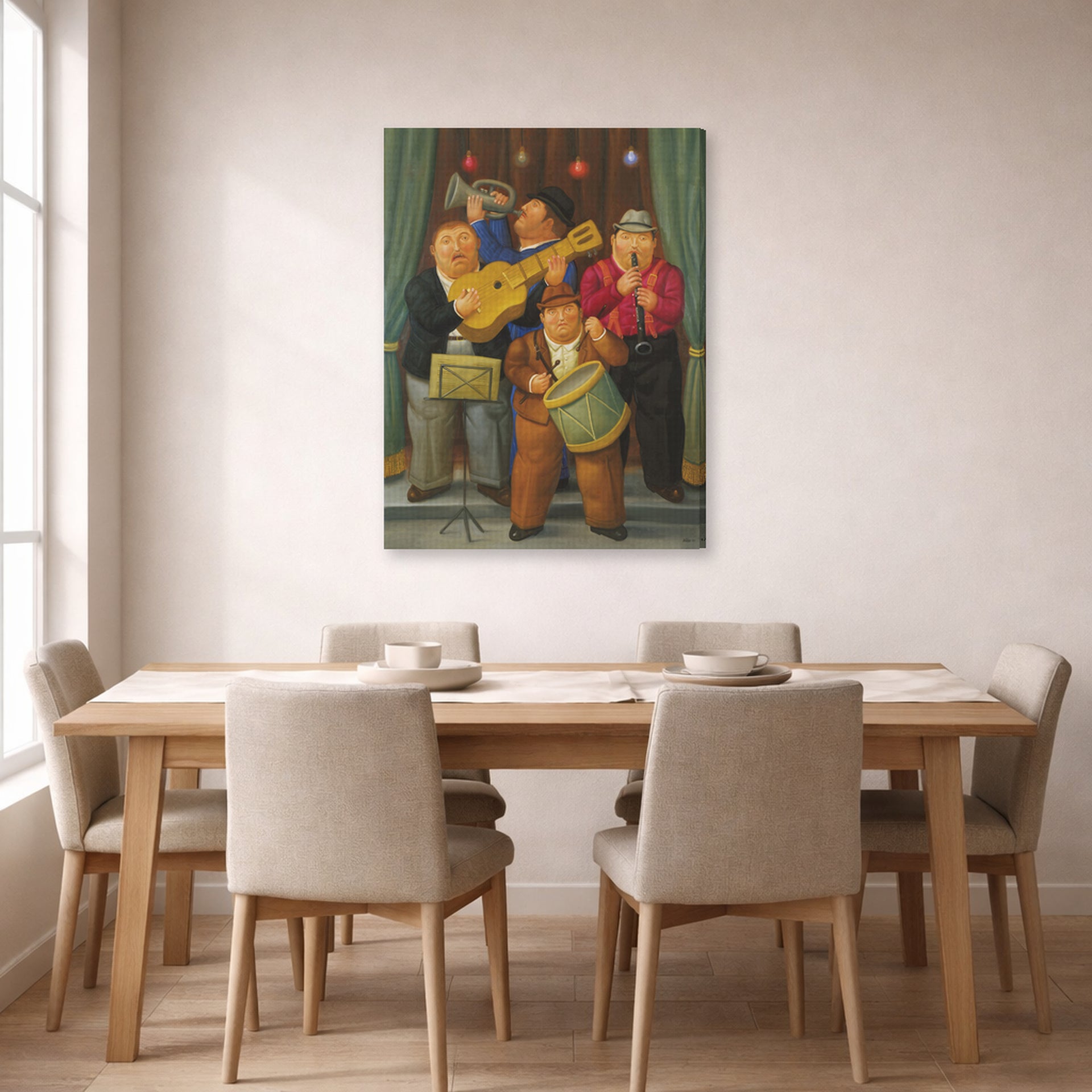 Gallery-wrapped canvas print of Fernando Botero's The Orchestra displayed on a wall in a dining room