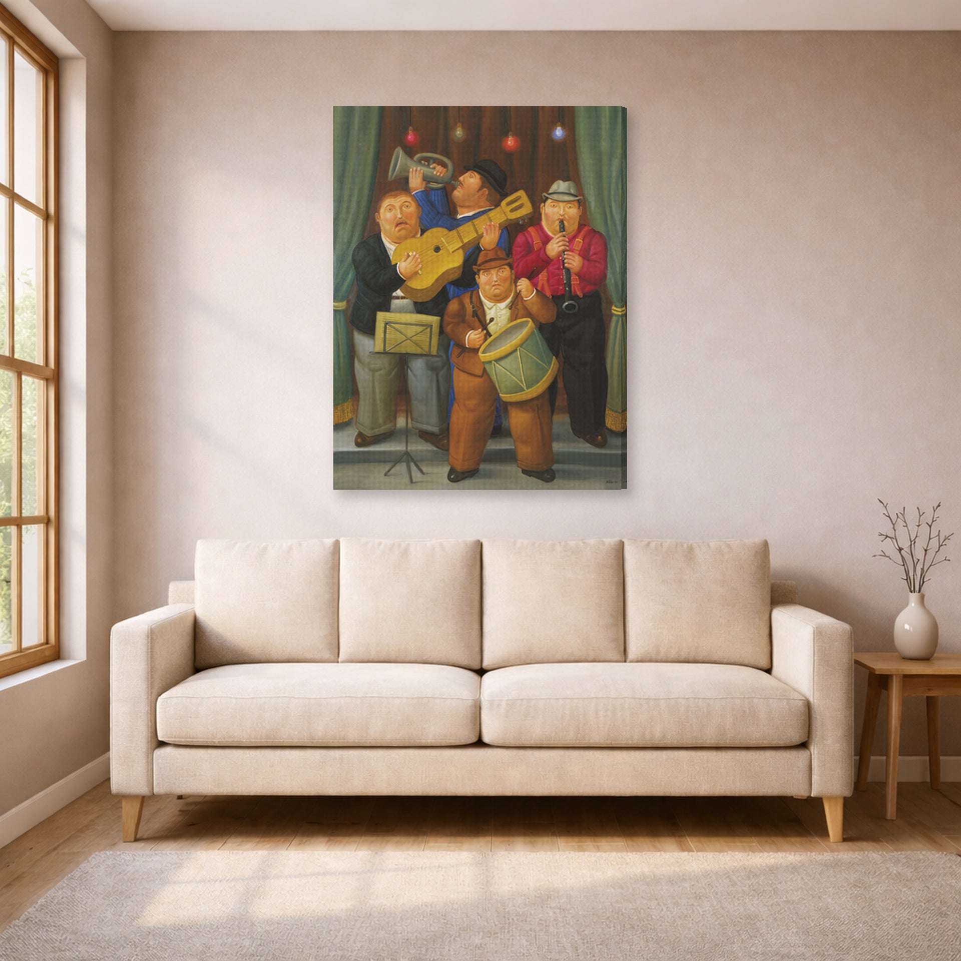 Gallery-wrapped canvas print of Fernando Botero's The Orchestra displayed on a wall in a living room