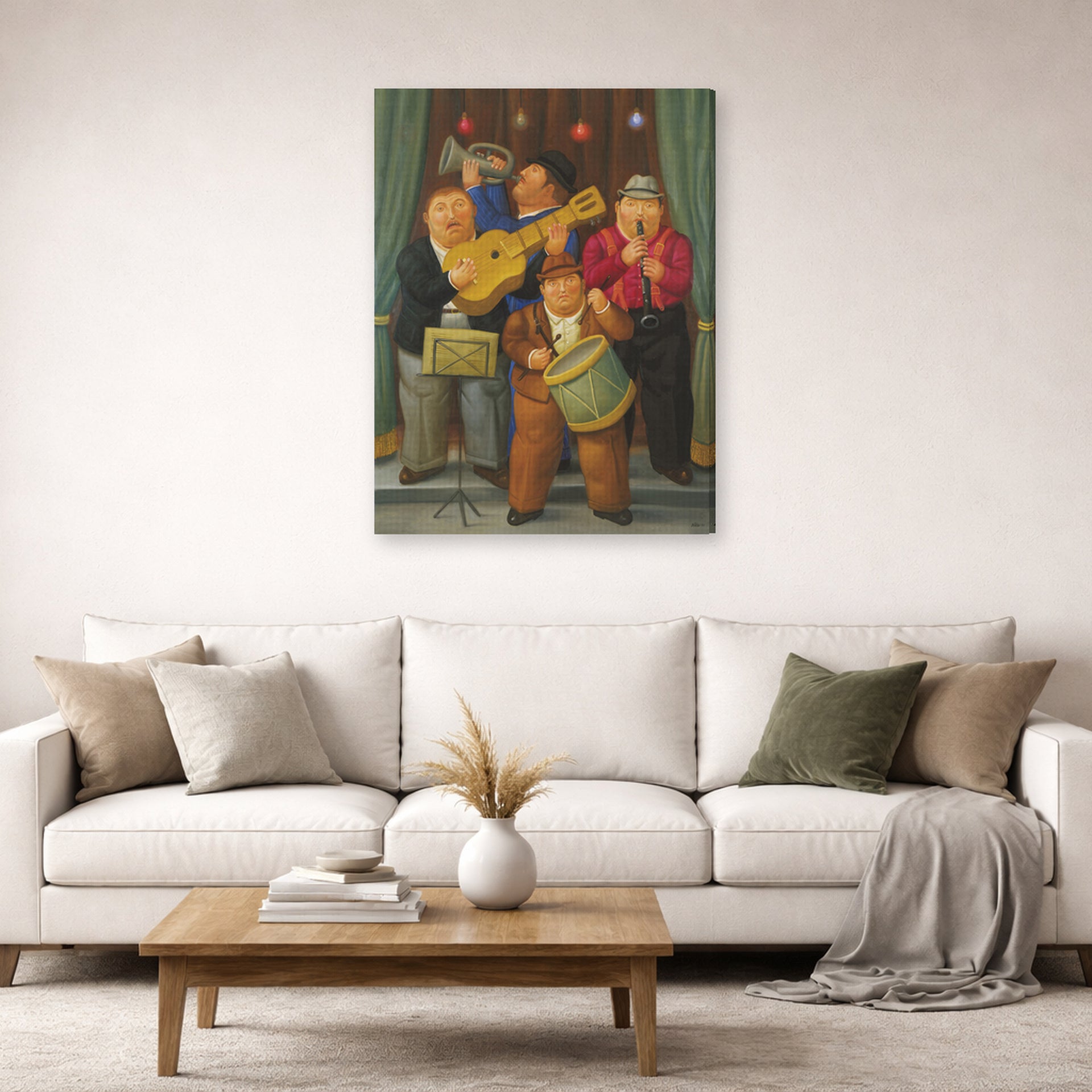 Gallery-wrapped canvas print of Fernando Botero's The Orchestra displayed on a wall in a living room