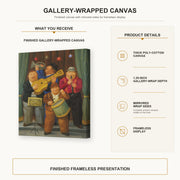 Fernando Botero - The Orchestra gallery wrap canvas construction and hanging details infographic