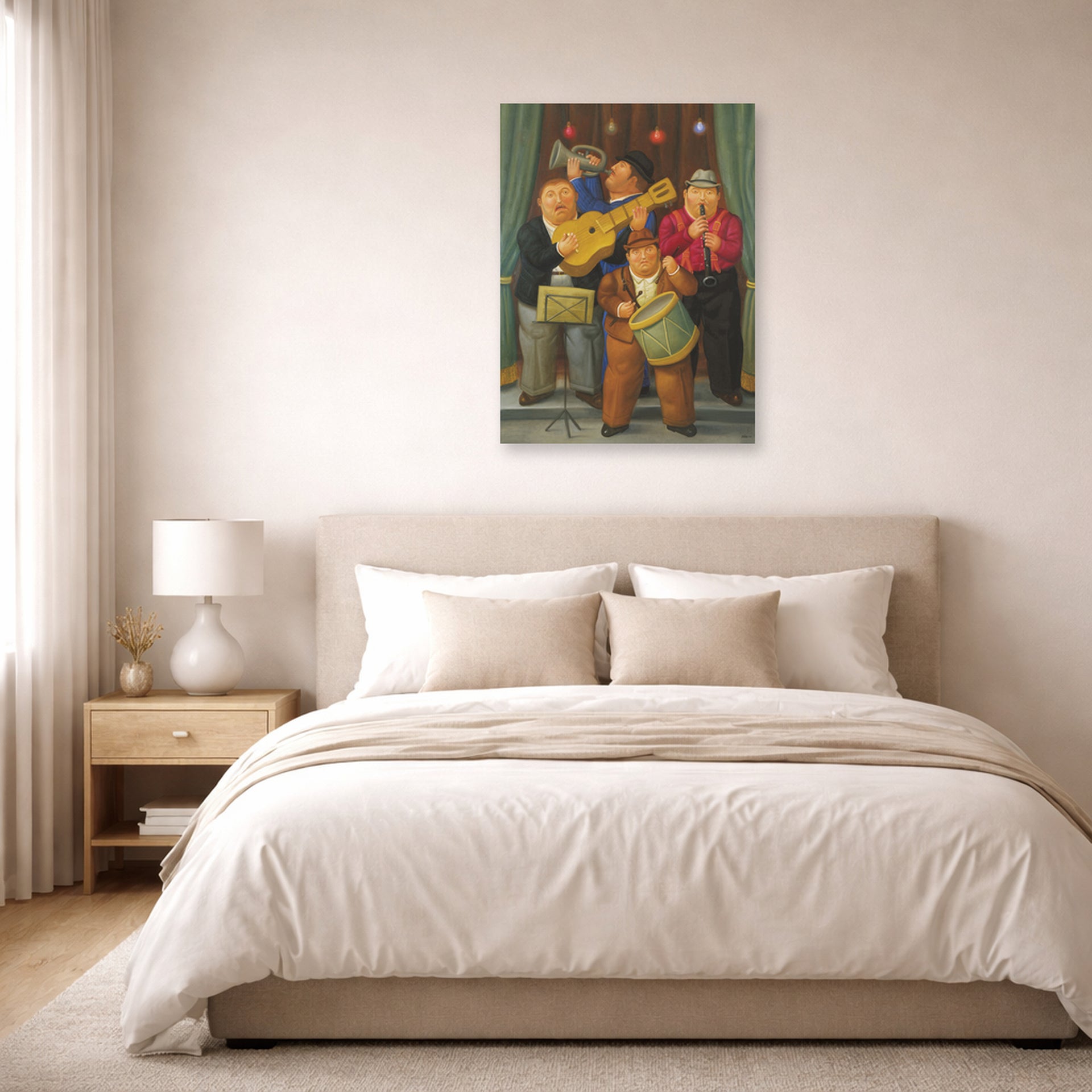Unframed poster print of Fernando Botero's The Orchestra displayed on a wall in a bedroom
