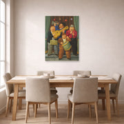 Unframed poster print of Fernando Botero's The Orchestra displayed on a wall in a dining room