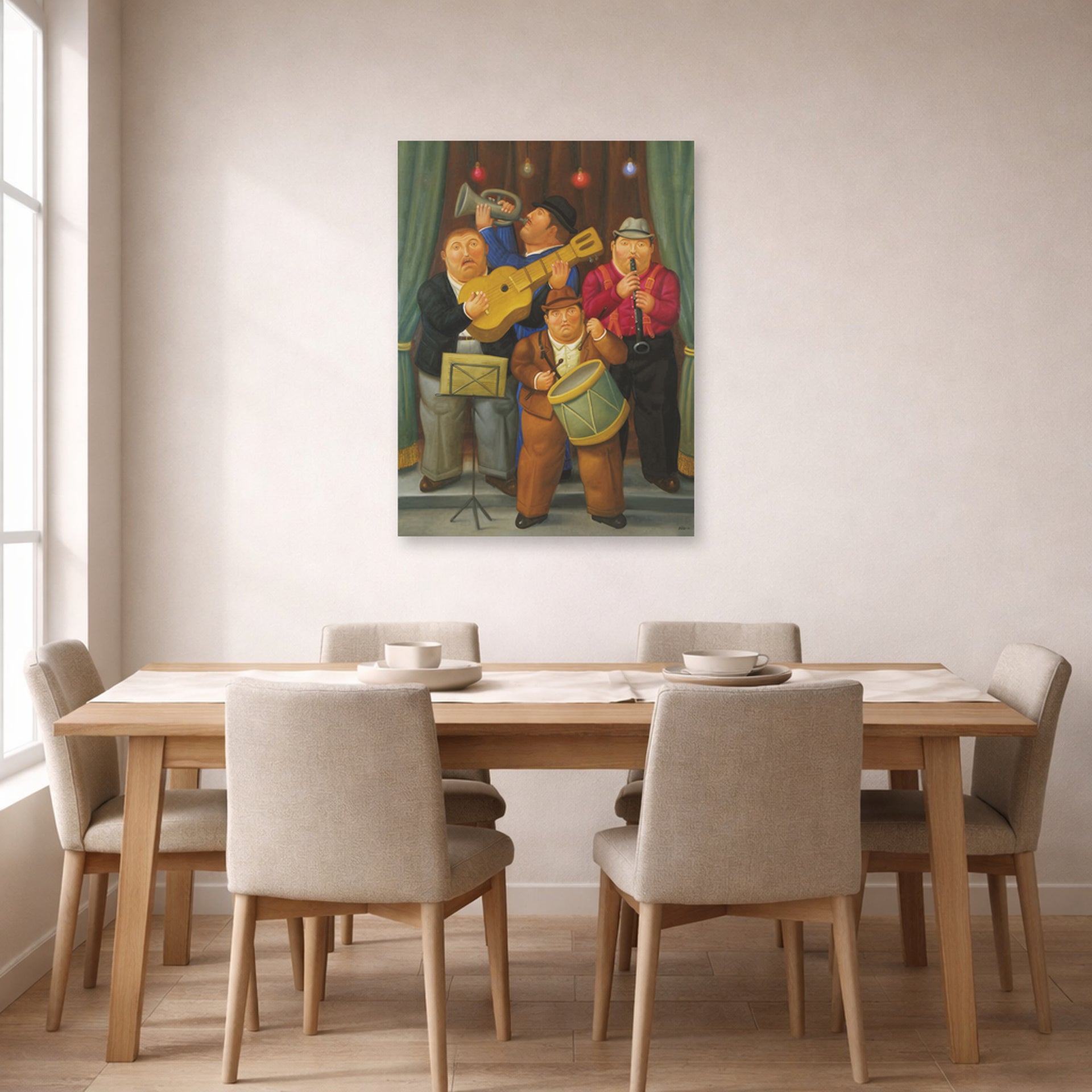 Unframed poster print of Fernando Botero's The Orchestra displayed on a wall in a dining room