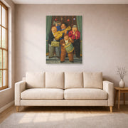 Unframed poster print of Fernando Botero's The Orchestra displayed on a wall in a living room