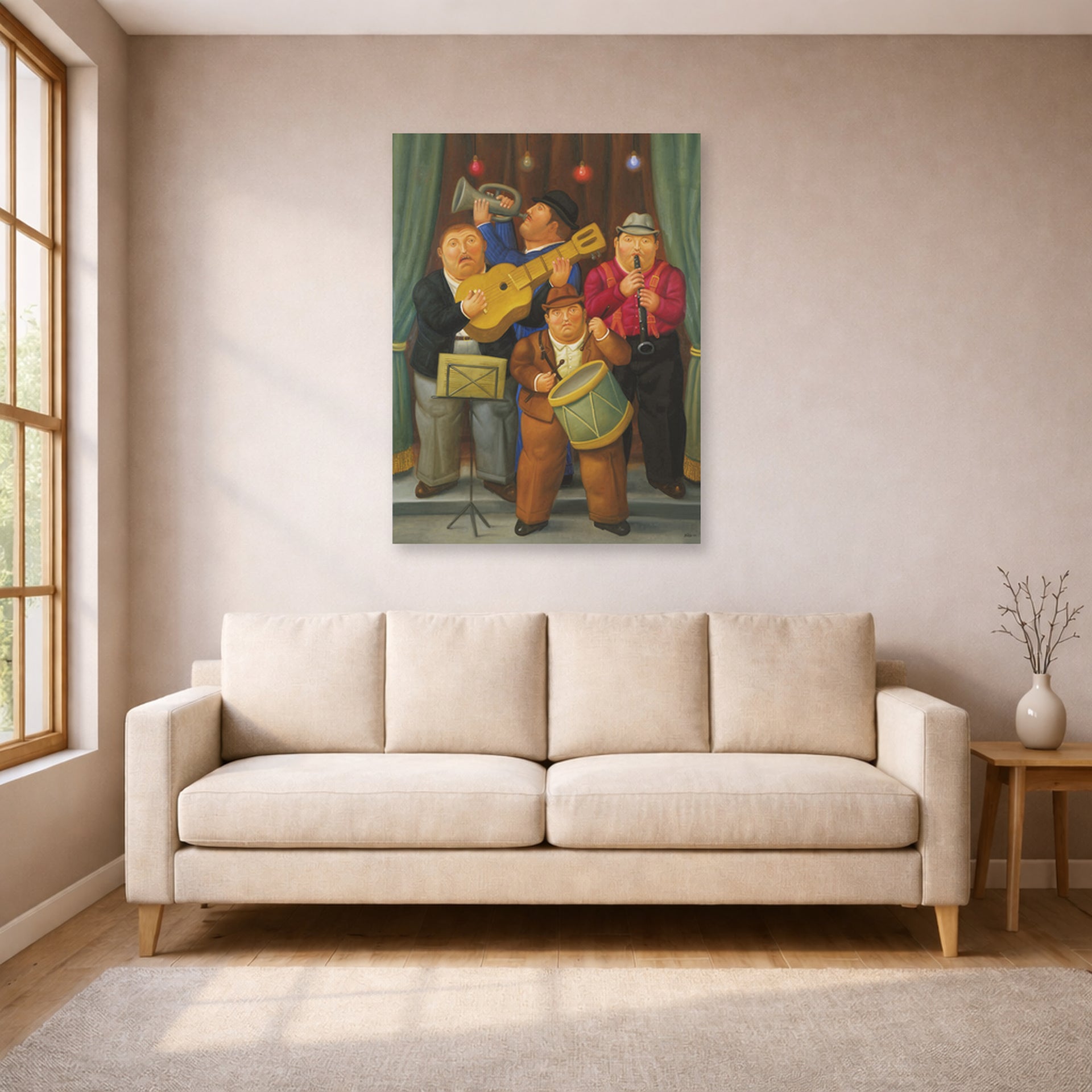 Unframed poster print of Fernando Botero's The Orchestra displayed on a wall in a living room
