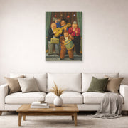 Unframed poster print of Fernando Botero's The Orchestra displayed on a wall in a living room