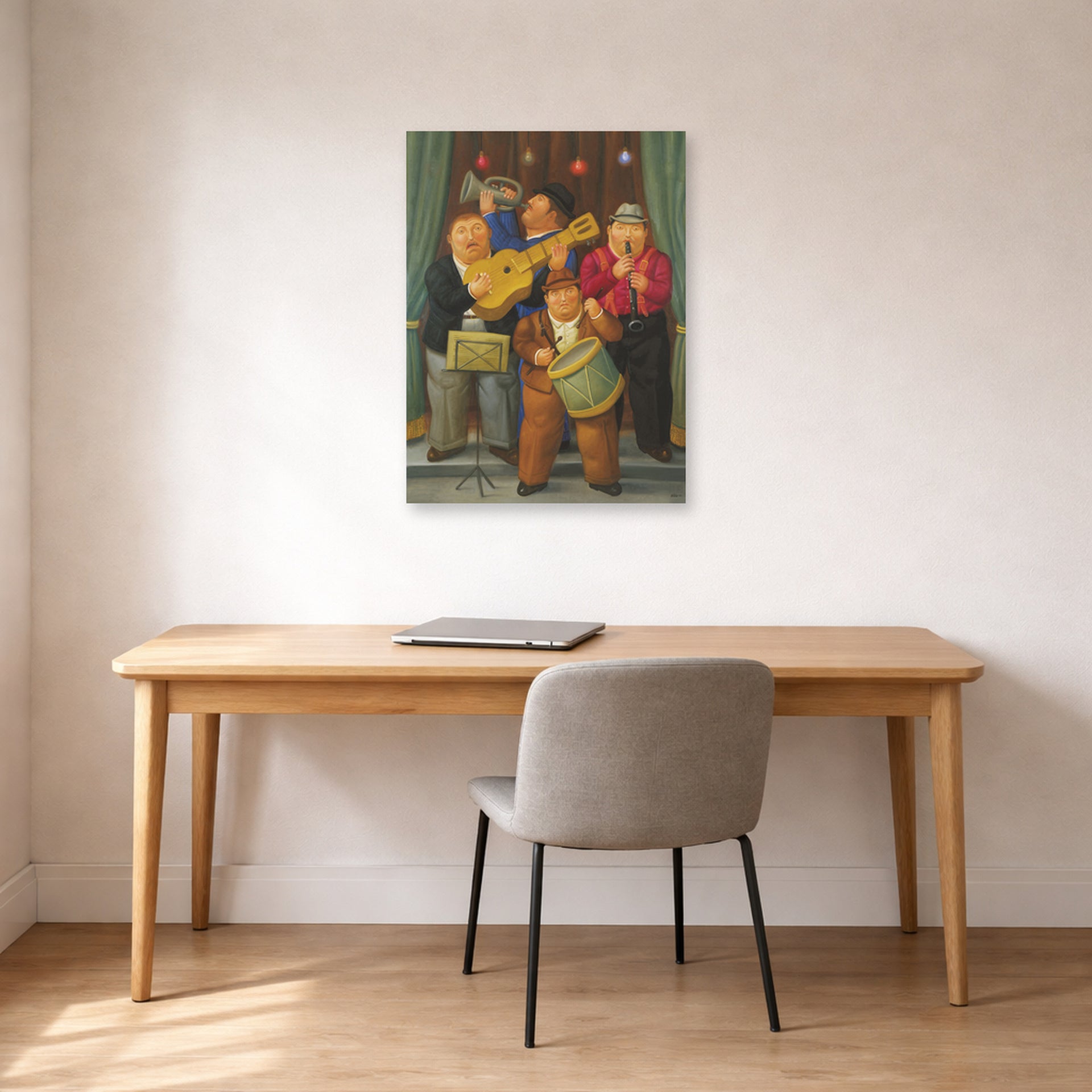 Unframed poster print of Fernando Botero's The Orchestra displayed on a wall in a home office
