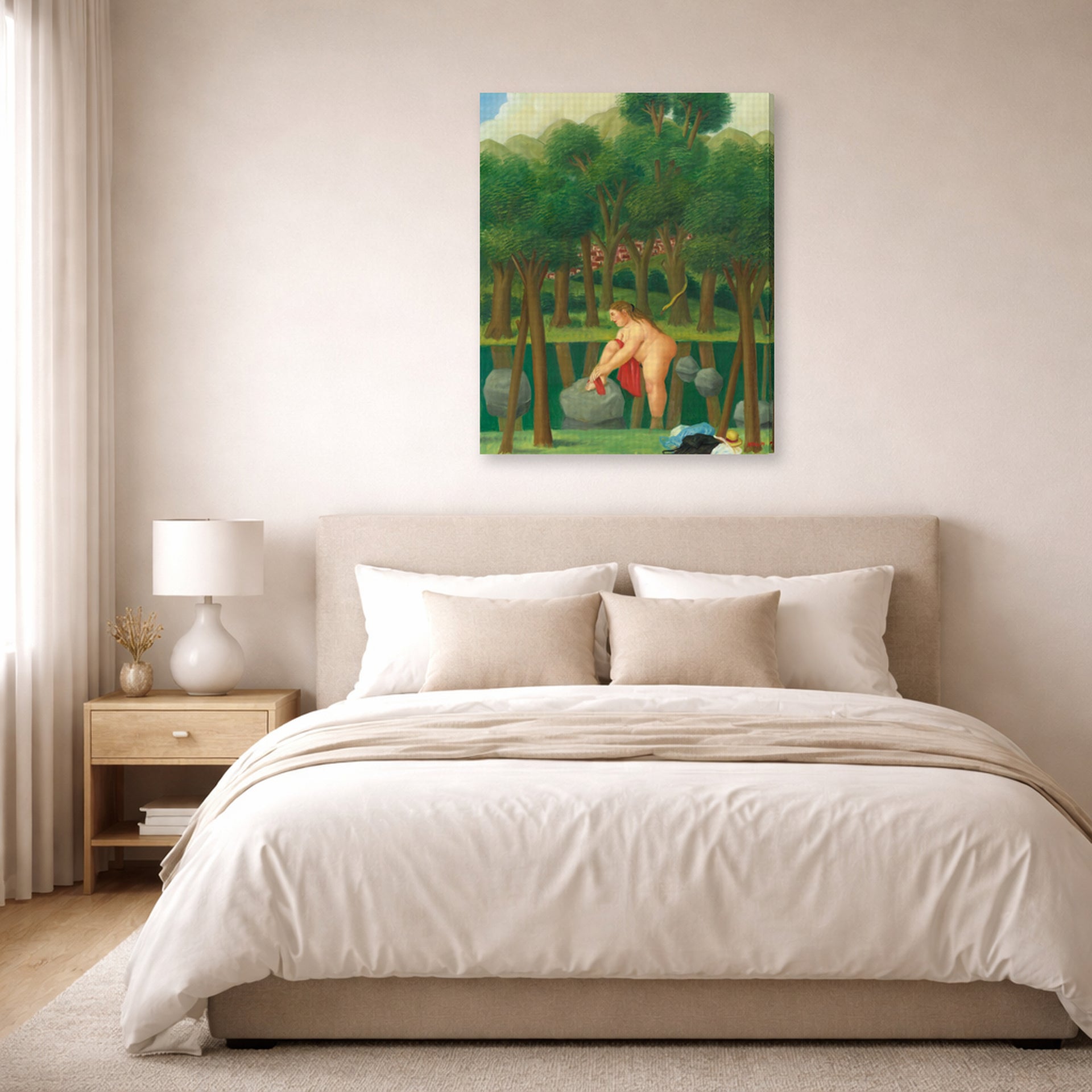 Gallery-wrapped canvas print of Fernando Botero's The River displayed on a wall in a bedroom