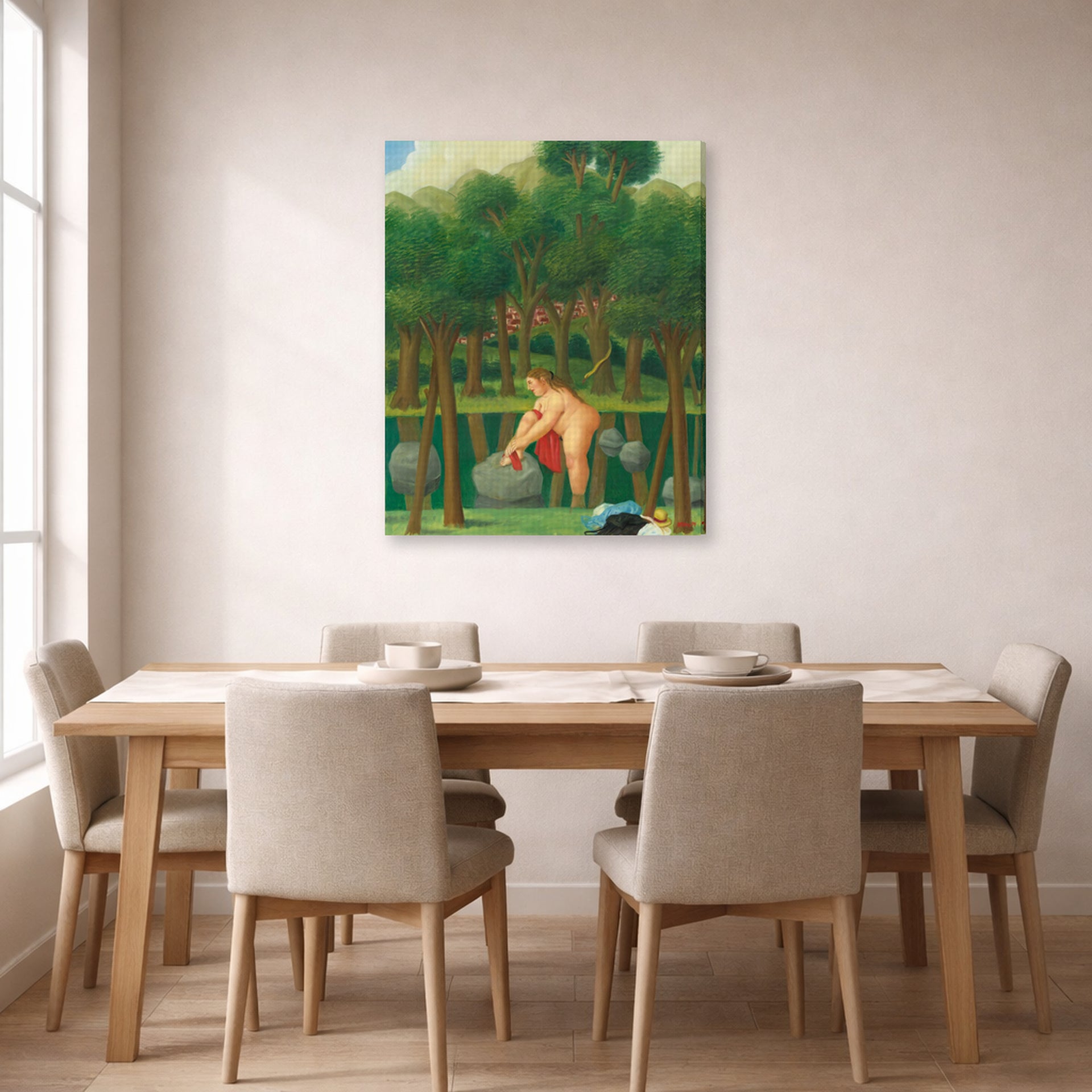 Gallery-wrapped canvas print of Fernando Botero's The River displayed on a wall in a dining room