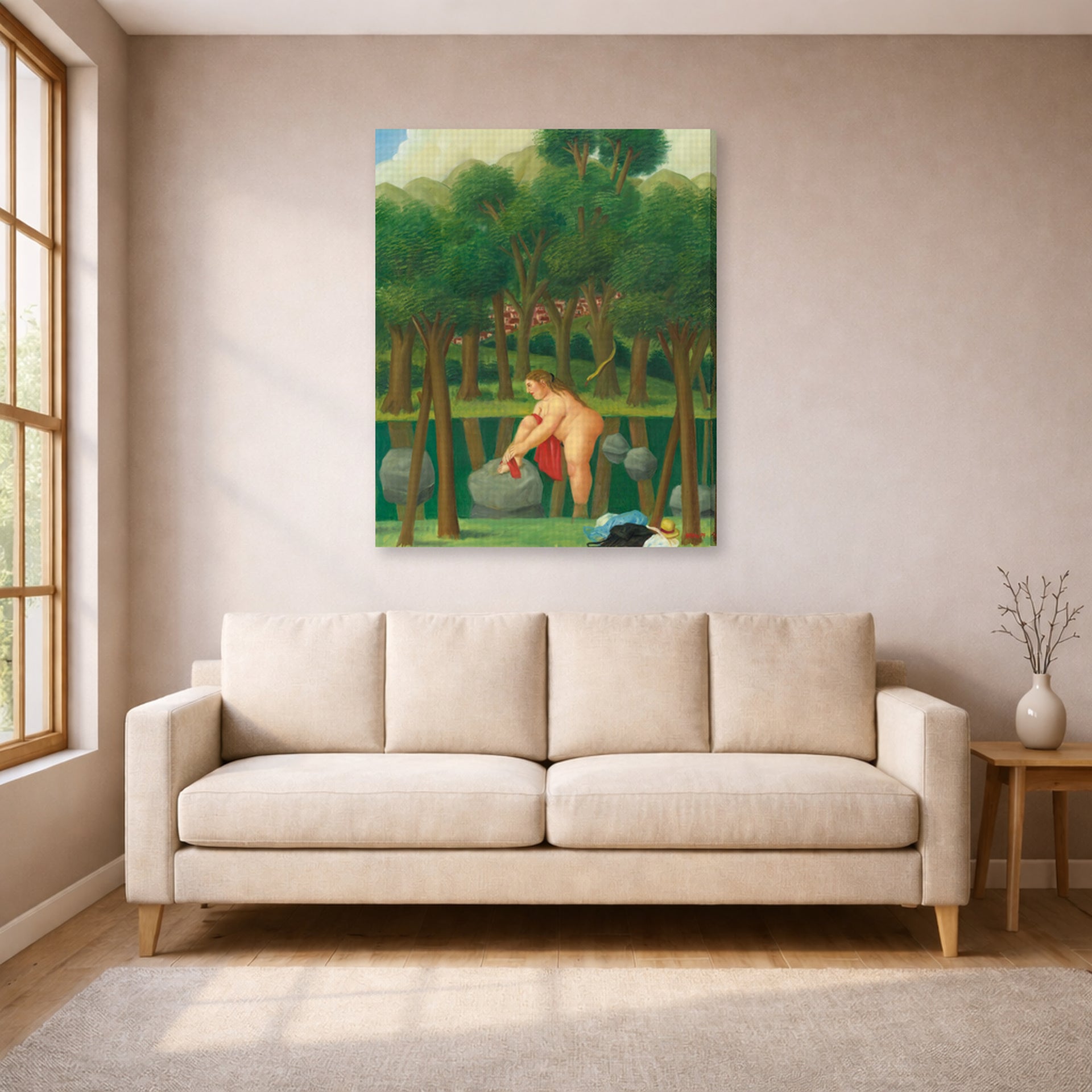 Gallery-wrapped canvas print of Fernando Botero's The River displayed on a wall in a living room