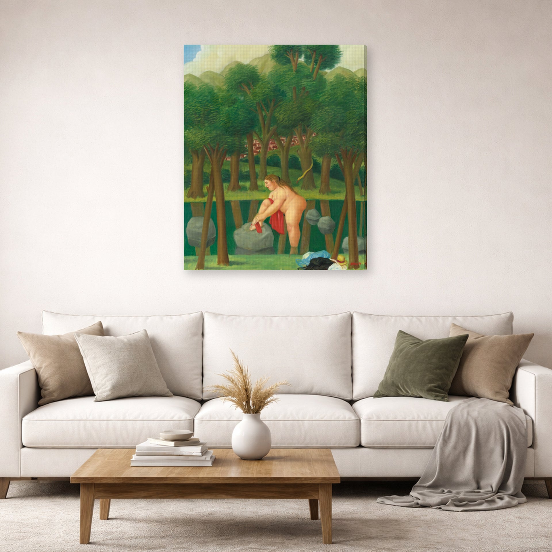 Gallery-wrapped canvas print of Fernando Botero's The River displayed on a wall in a living room