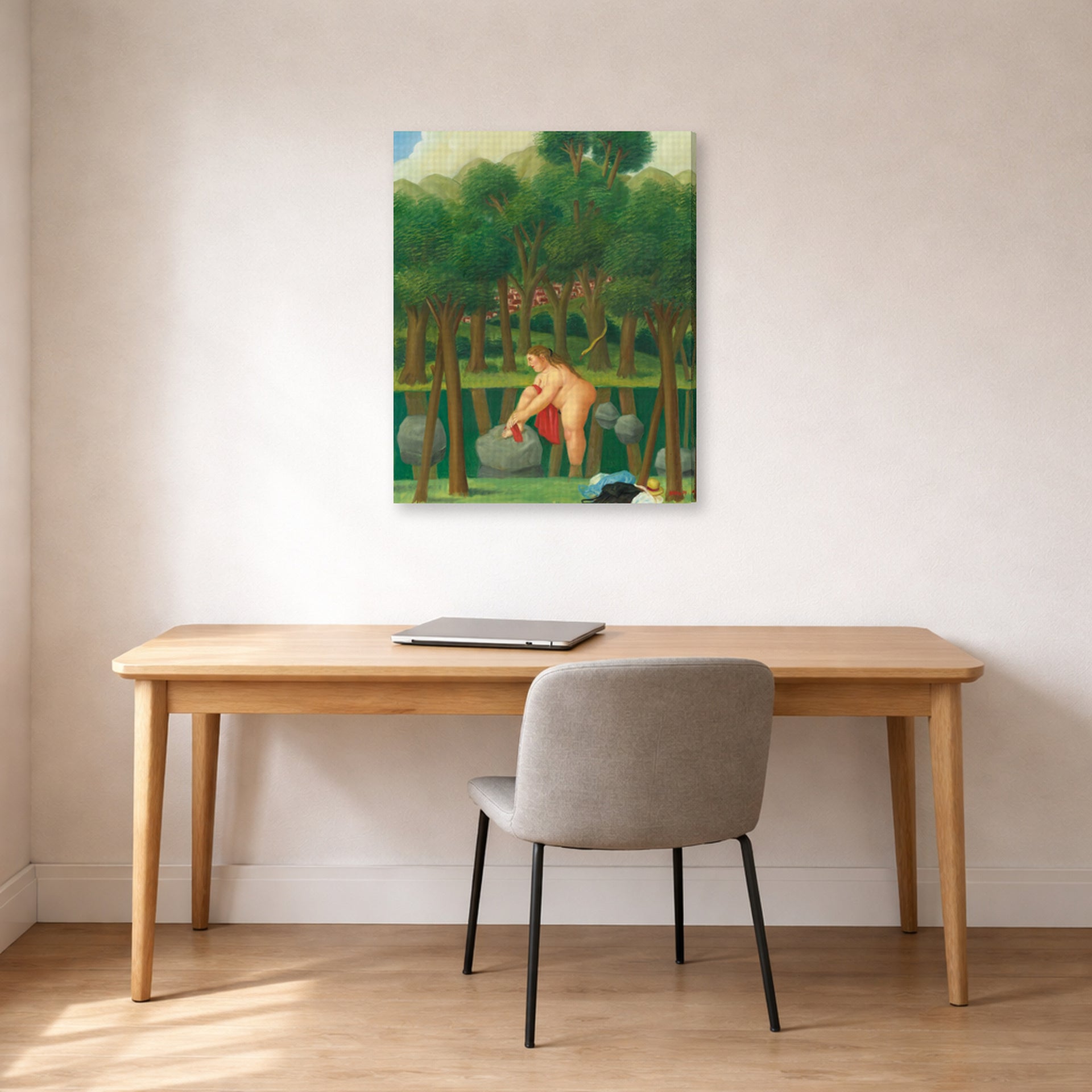 Gallery-wrapped canvas print of Fernando Botero's The River displayed on a wall in a home office