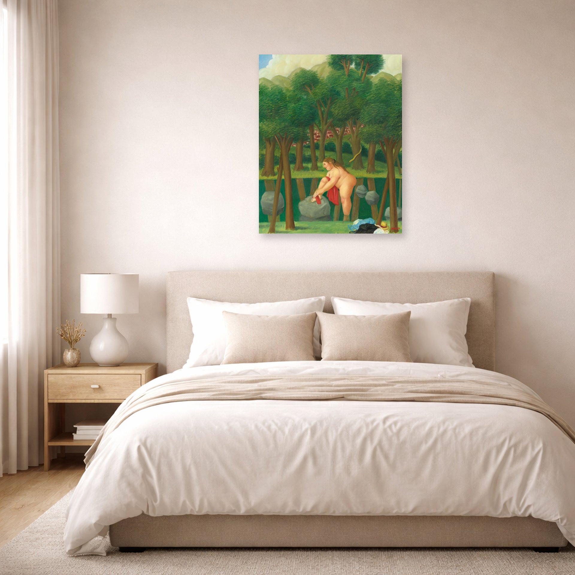 Unframed poster print of Fernando Botero's The River displayed on a wall in a bedroom