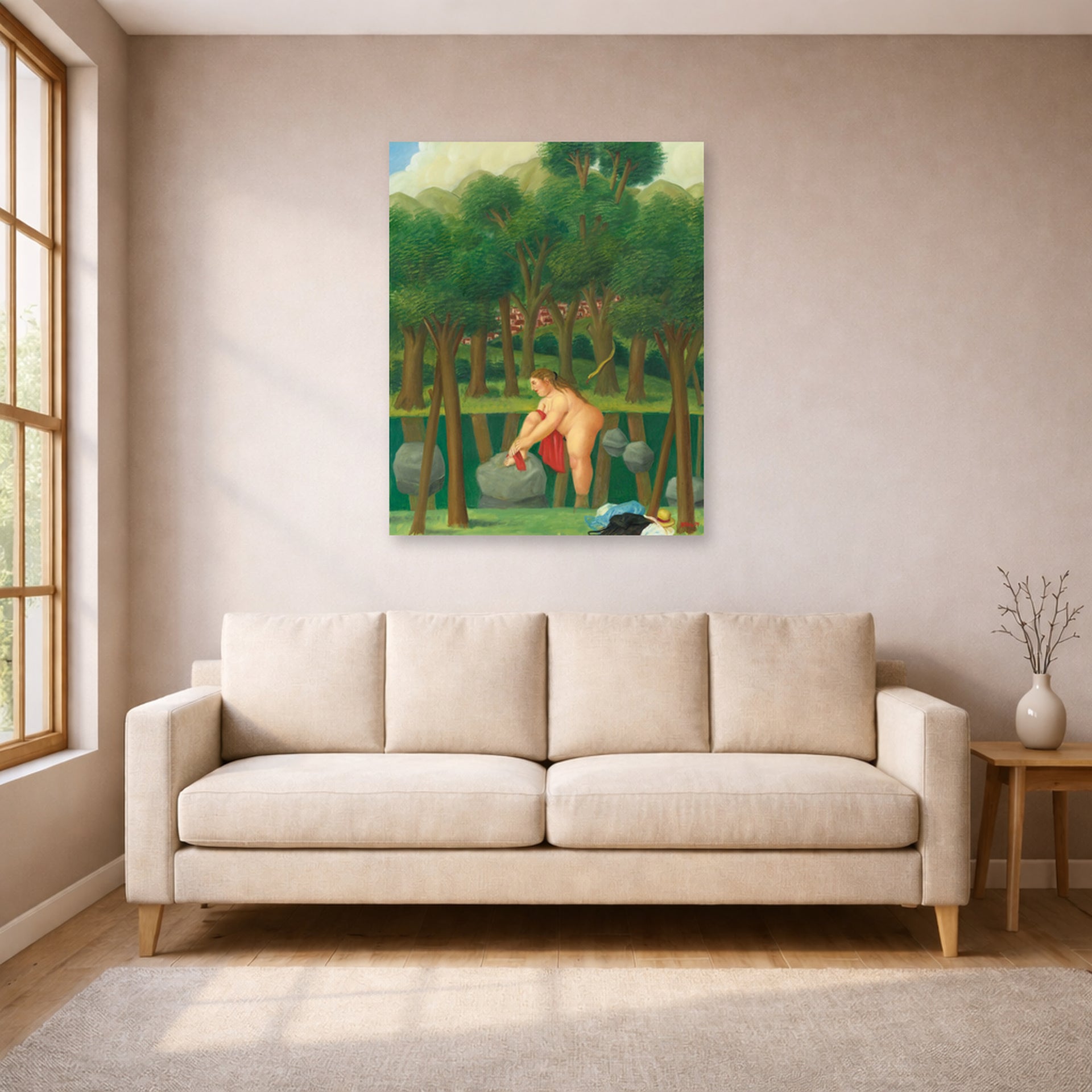 Unframed poster print of Fernando Botero's The River displayed on a wall in a living room