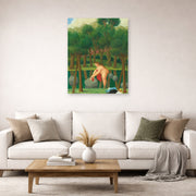 Unframed poster print of Fernando Botero's The River displayed on a wall in a living room