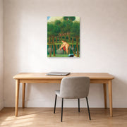 Unframed poster print of Fernando Botero's The River displayed on a wall in a home office