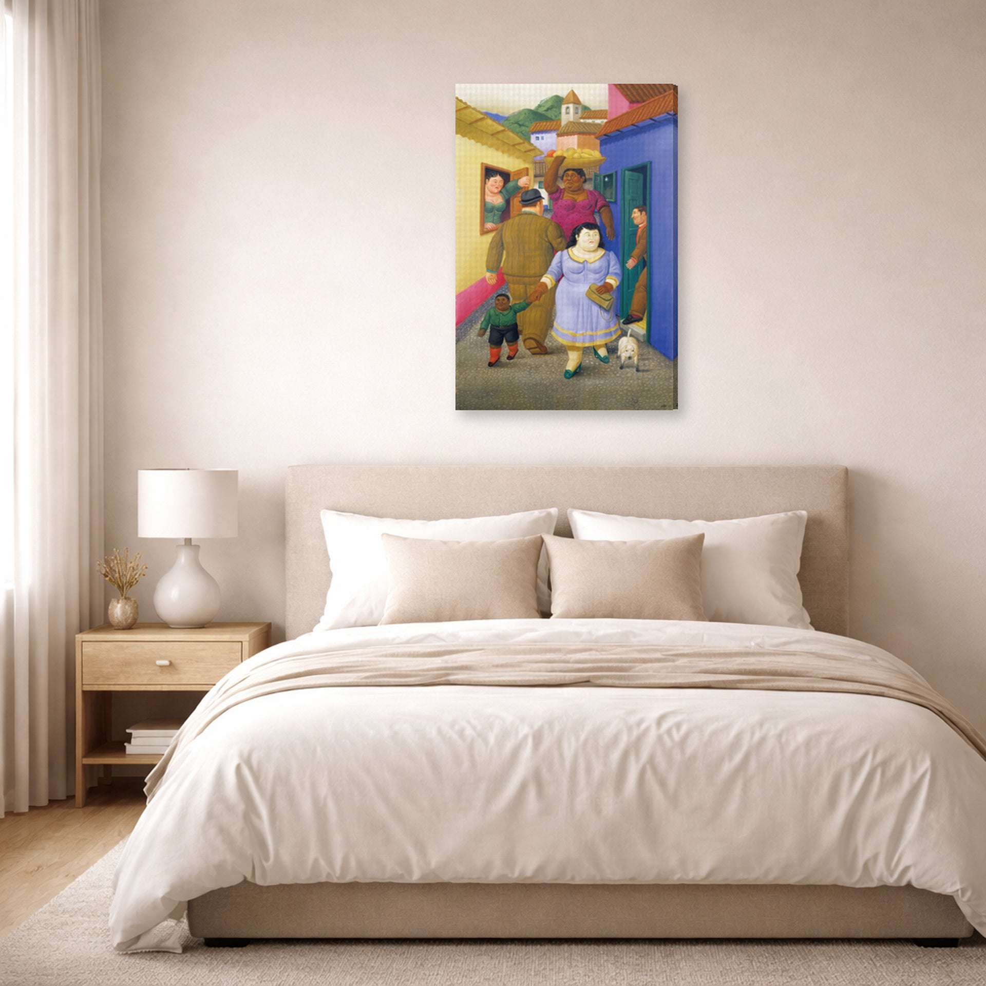 Gallery-wrapped canvas print of Fernando Botero's The Street displayed on a wall in a bedroom