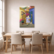 Gallery-wrapped canvas print of Fernando Botero's The Street displayed on a wall in a dining room