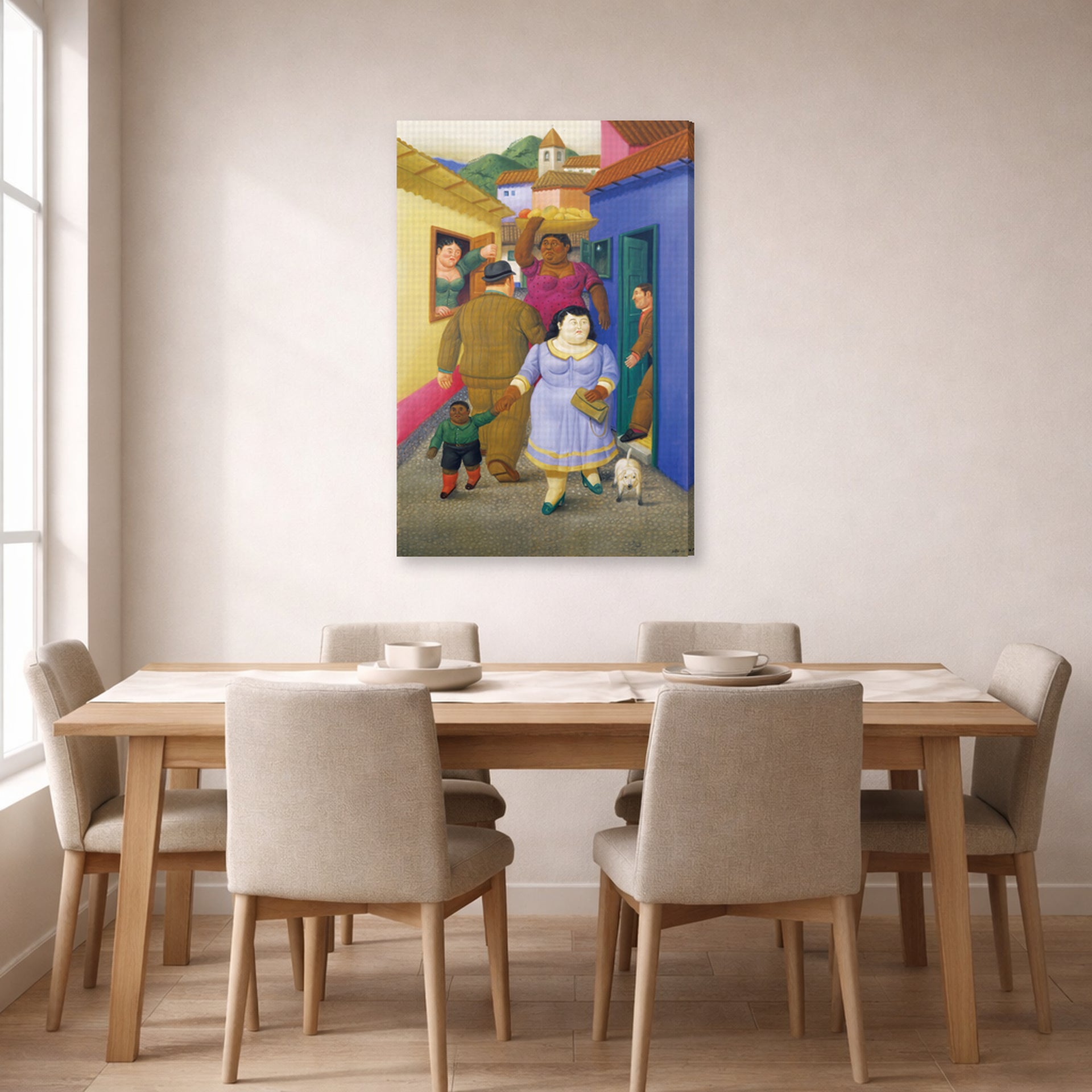 Gallery-wrapped canvas print of Fernando Botero's The Street displayed on a wall in a dining room