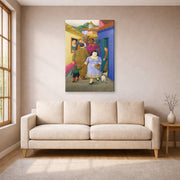 Gallery-wrapped canvas print of Fernando Botero's The Street displayed on a wall in a living room