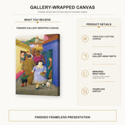 Fernando Botero - The Street gallery wrap canvas construction and hanging details infographic