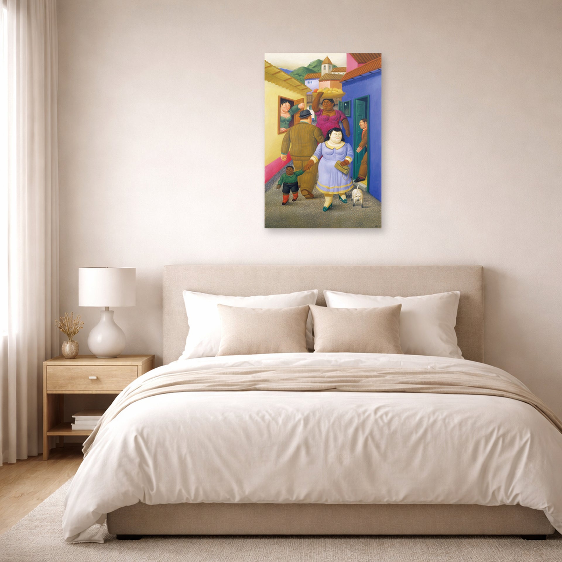 Unframed poster print of Fernando Botero's The Street displayed on a wall in a bedroom