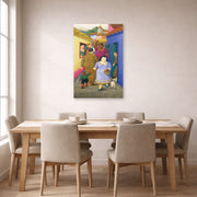 Unframed poster print of Fernando Botero's The Street displayed on a wall in a dining room