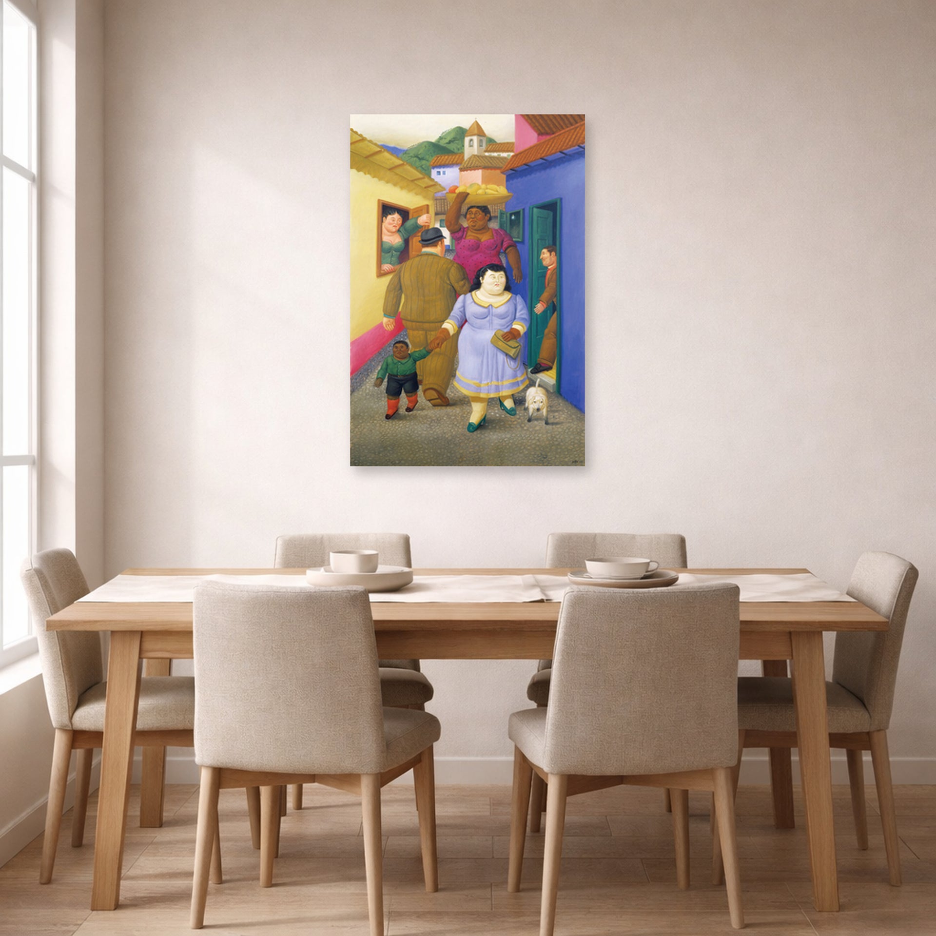 Unframed poster print of Fernando Botero's The Street displayed on a wall in a dining room