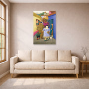 Unframed poster print of Fernando Botero's The Street displayed on a wall in a living room