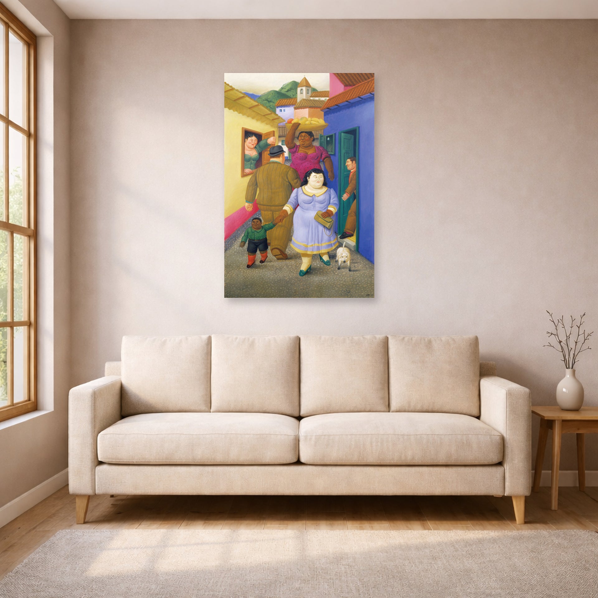 Unframed poster print of Fernando Botero's The Street displayed on a wall in a living room