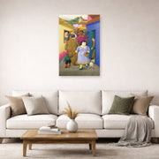 Unframed poster print of Fernando Botero's The Street displayed on a wall in a living room