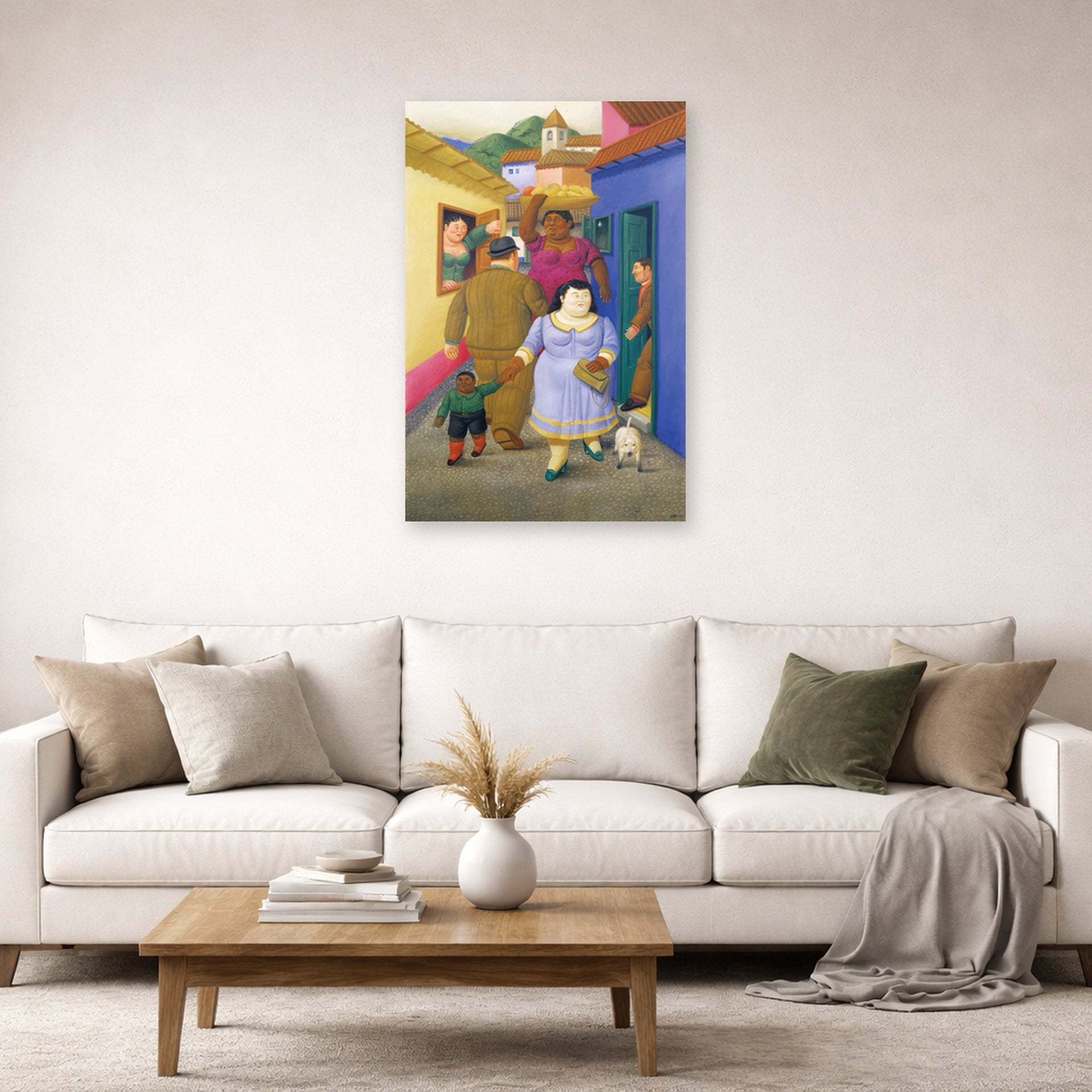 Unframed poster print of Fernando Botero's The Street displayed on a wall in a living room