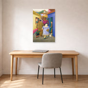 Unframed poster print of Fernando Botero's The Street displayed on a wall in a home office