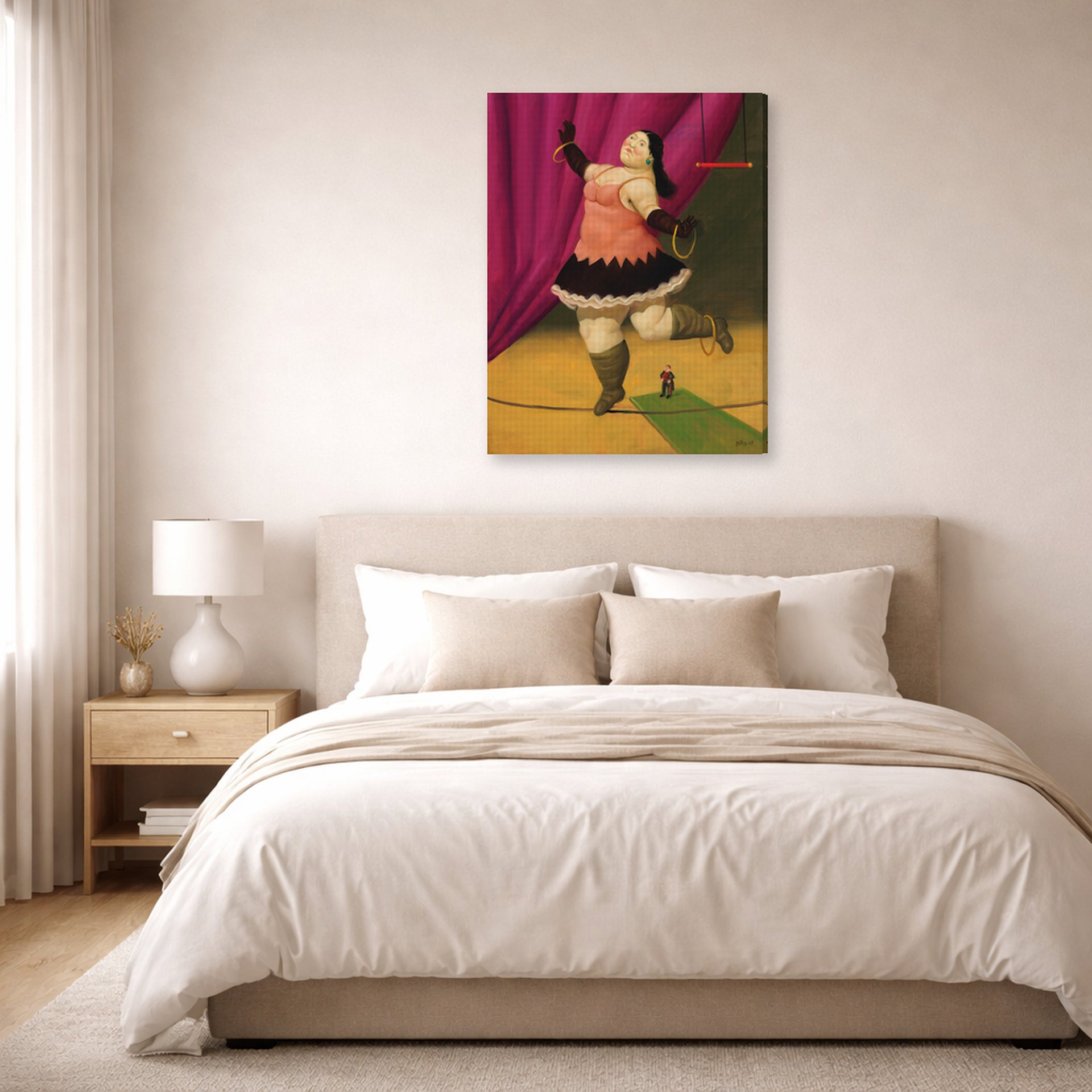 Gallery-wrapped canvas print of Fernando Botero's Tightrope Walker displayed on a wall in a bedroom