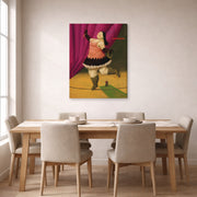 Gallery-wrapped canvas print of Fernando Botero's Tightrope Walker displayed on a wall in a dining room