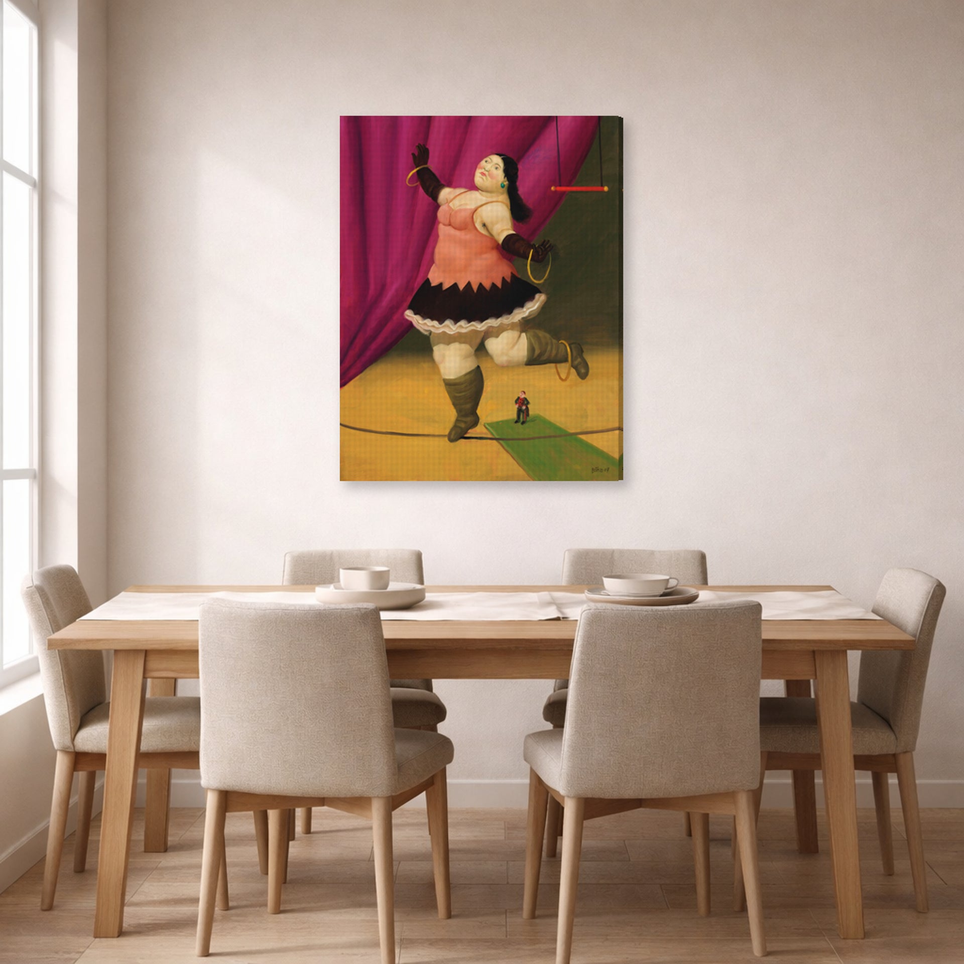 Gallery-wrapped canvas print of Fernando Botero's Tightrope Walker displayed on a wall in a dining room