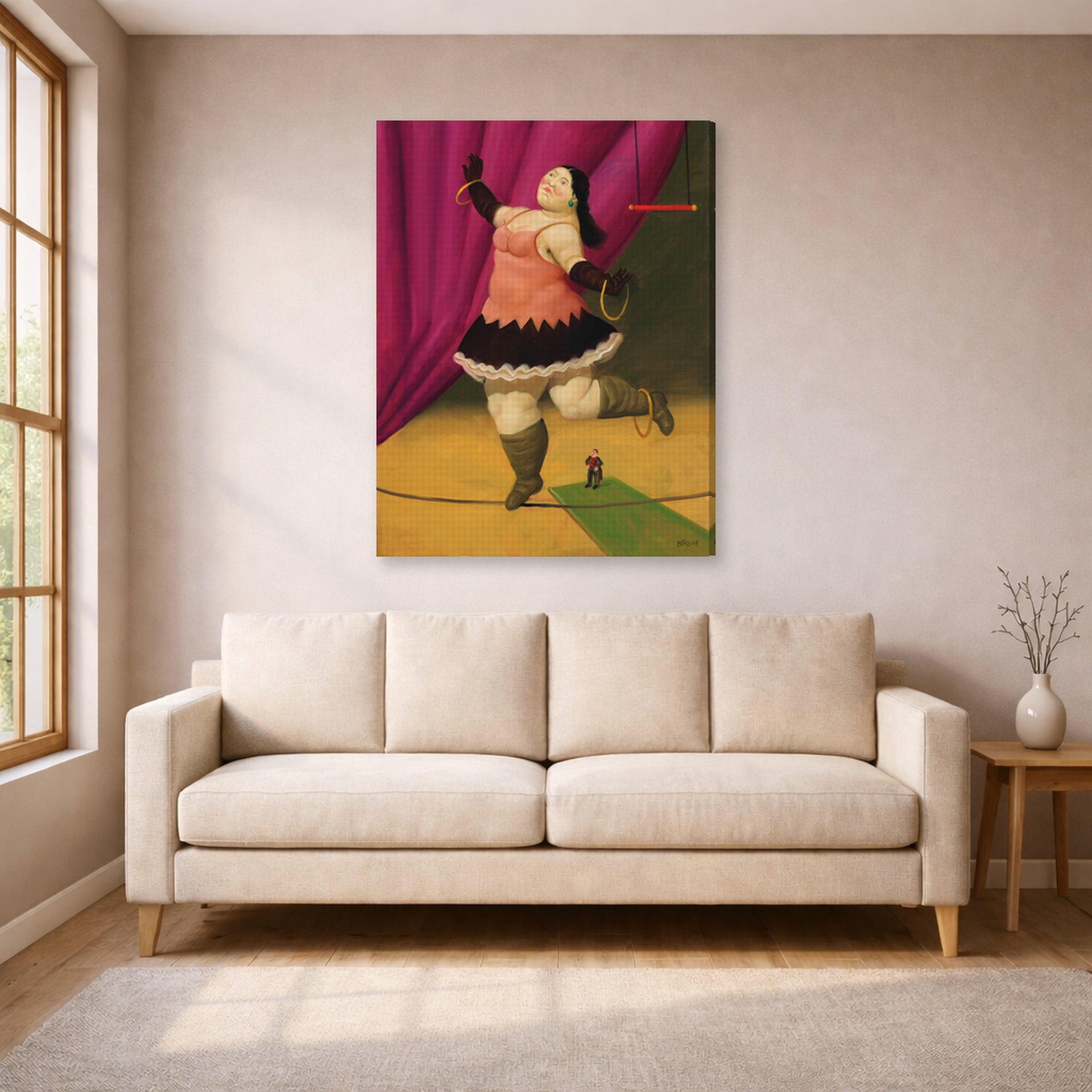 Gallery-wrapped canvas print of Fernando Botero's Tightrope Walker displayed on a wall in a living room