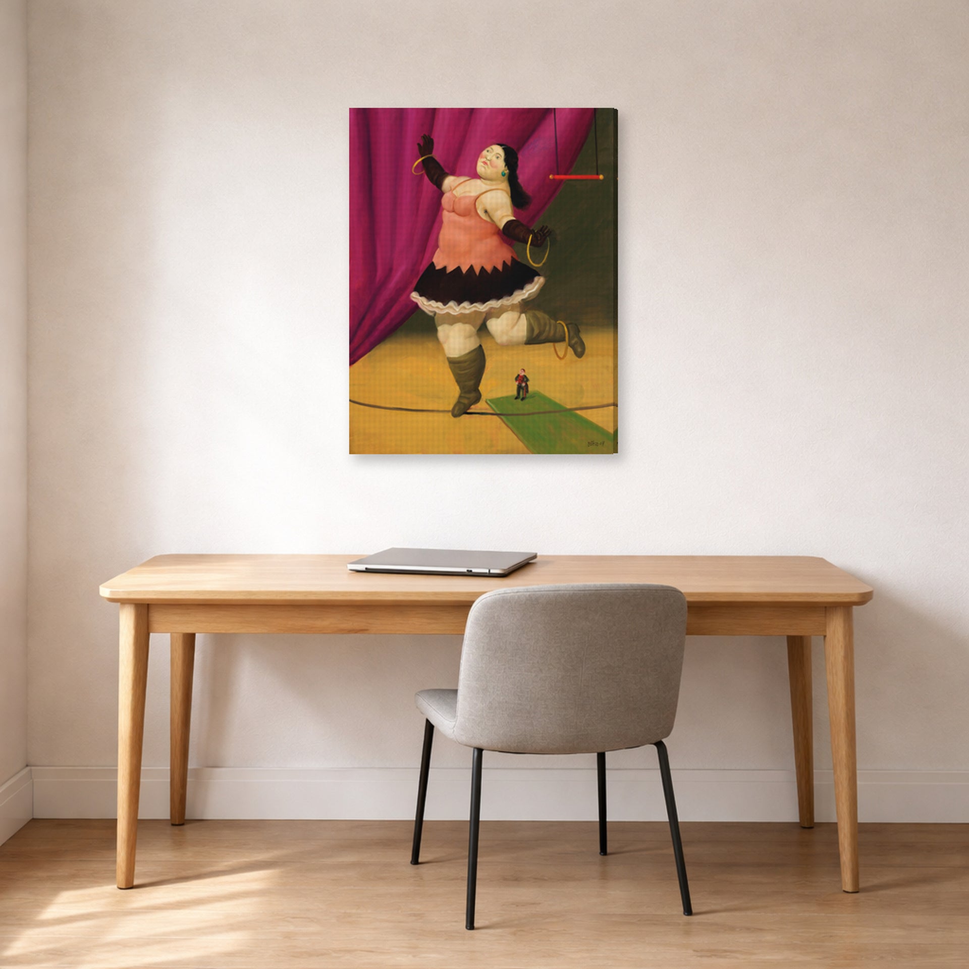 Gallery-wrapped canvas print of Fernando Botero's Tightrope Walker displayed on a wall in a home office