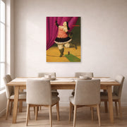Unframed poster print of Fernando Botero's Tightrope Walker displayed on a wall in a dining room