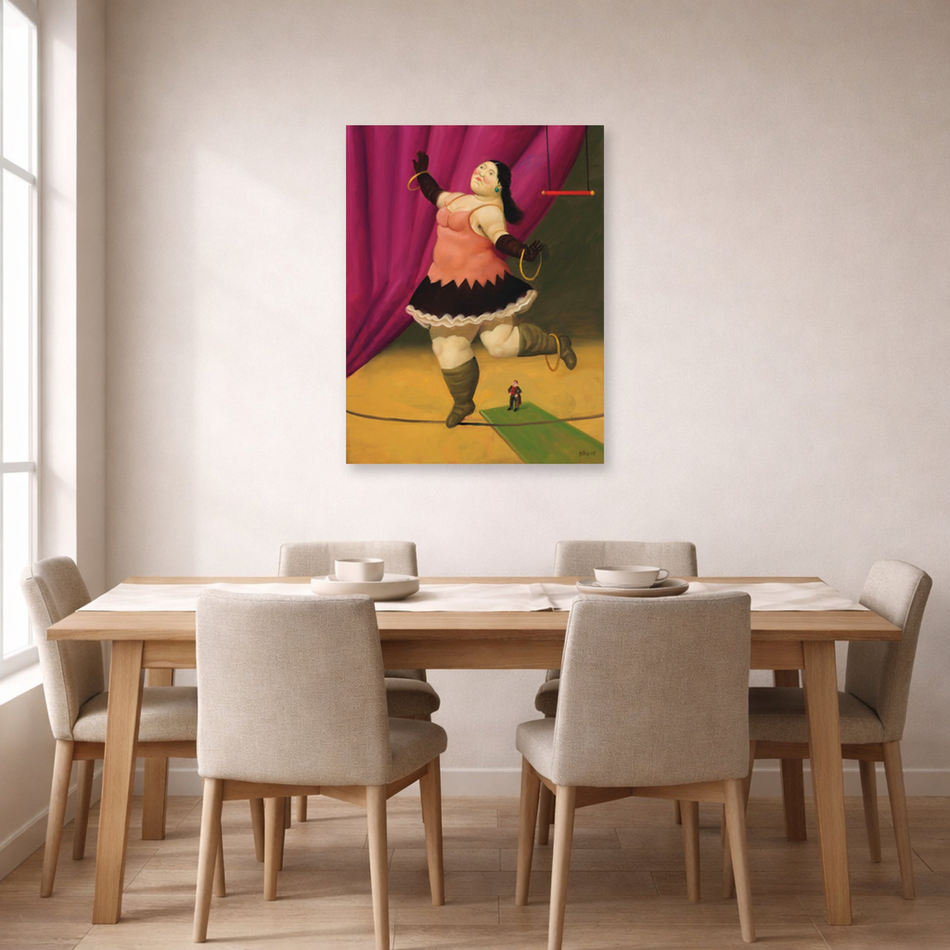 Unframed poster print of Fernando Botero's Tightrope Walker displayed on a wall in a dining room