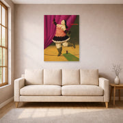 Unframed poster print of Fernando Botero's Tightrope Walker displayed on a wall in a living room