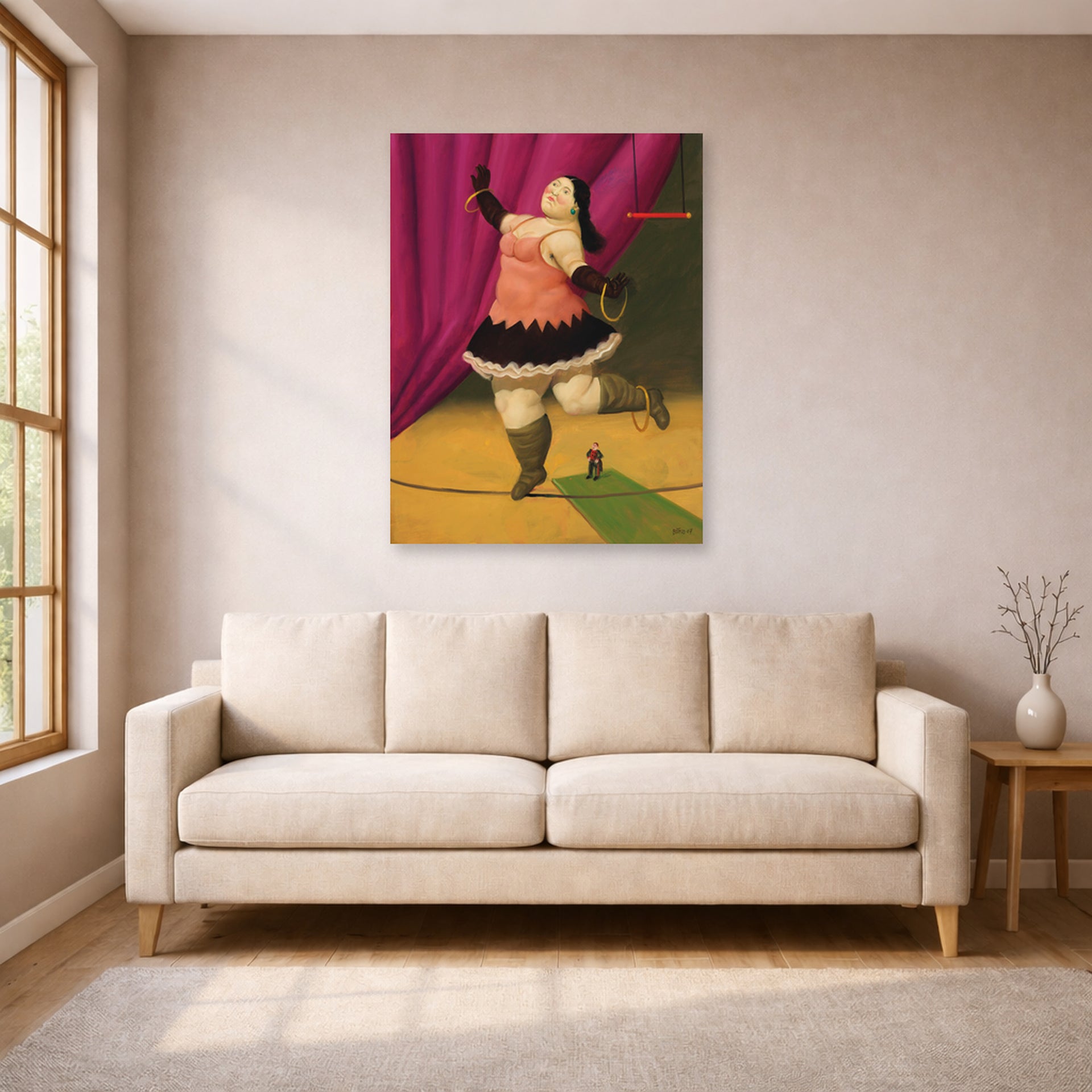 Unframed poster print of Fernando Botero's Tightrope Walker displayed on a wall in a living room