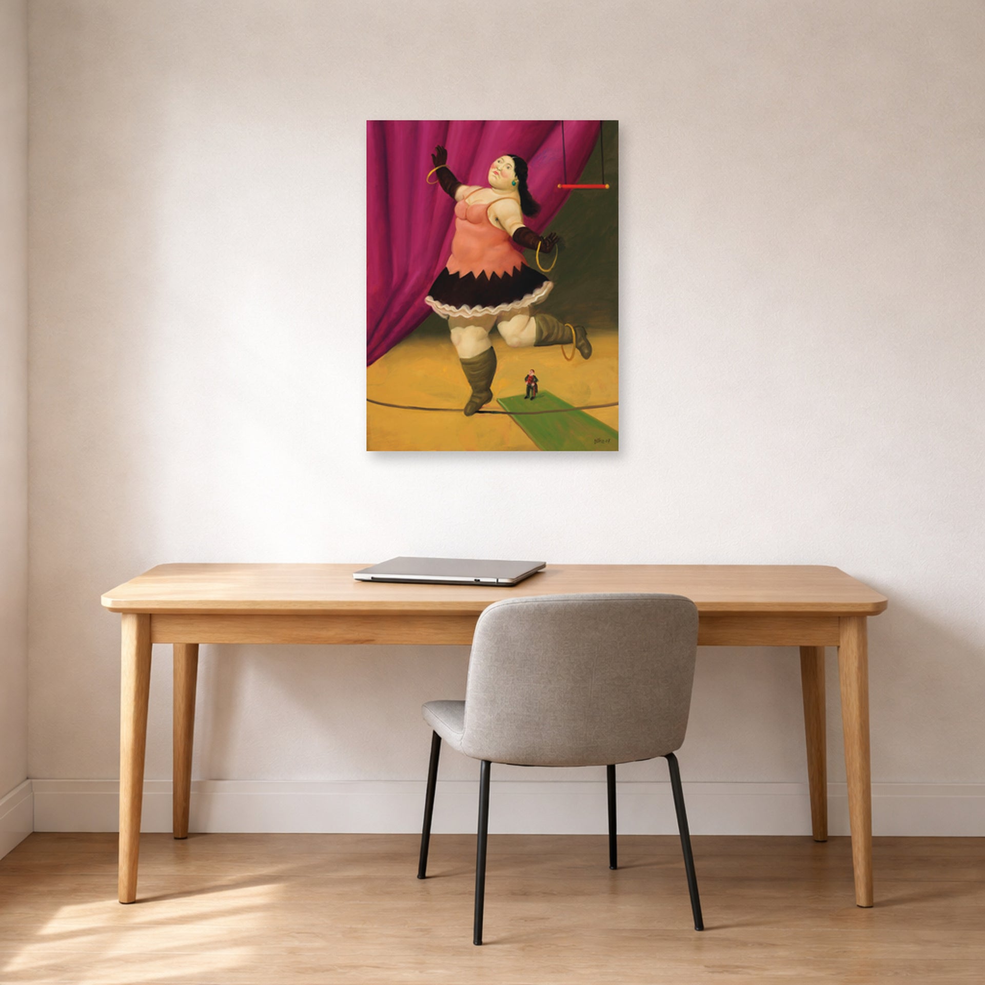 Unframed poster print of Fernando Botero's Tightrope Walker displayed on a wall in a home office