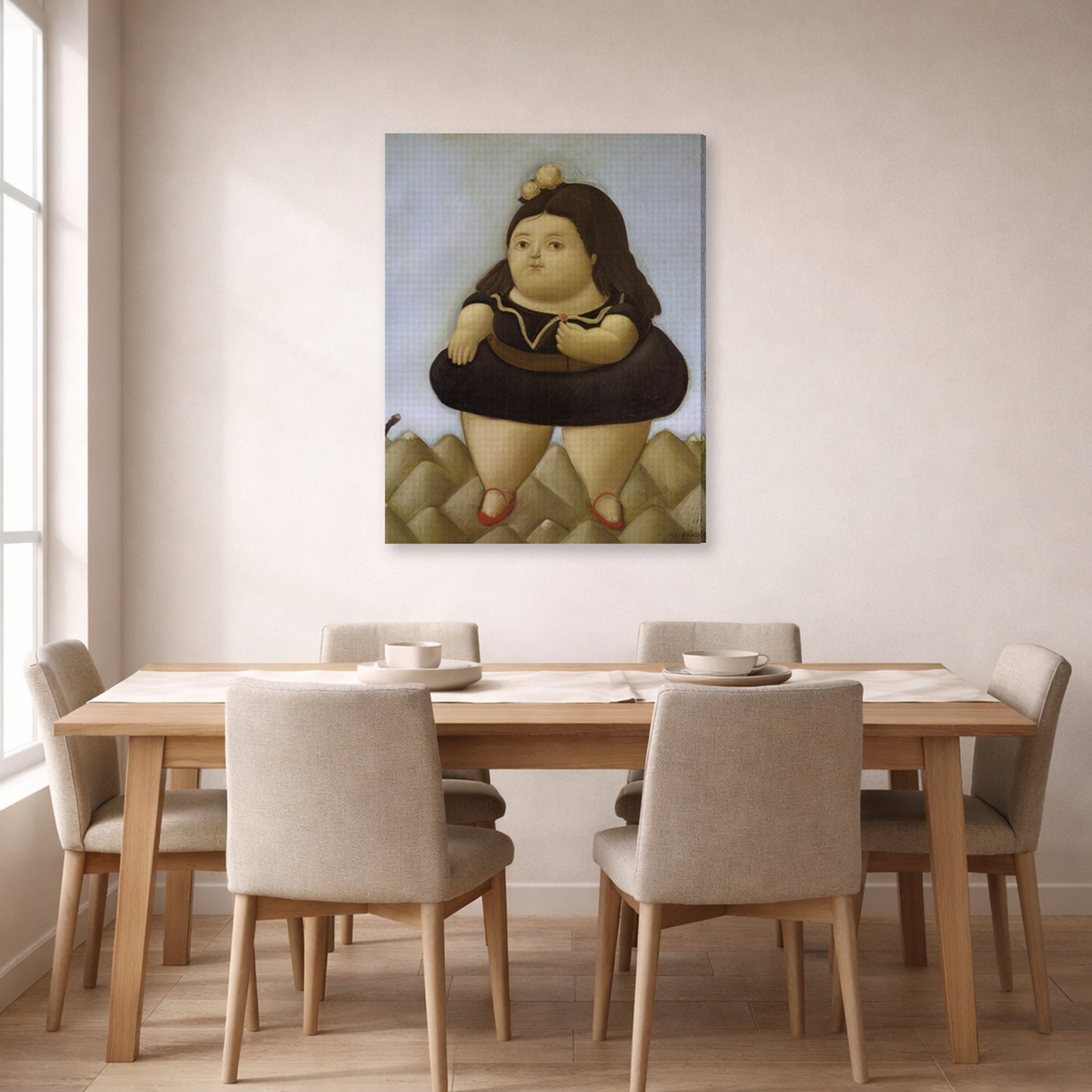 Gallery-wrapped canvas print of Fernando Botero's Tour of the Volcano displayed on a wall in a dining room