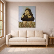 Gallery-wrapped canvas print of Fernando Botero's Tour of the Volcano displayed on a wall in a living room
